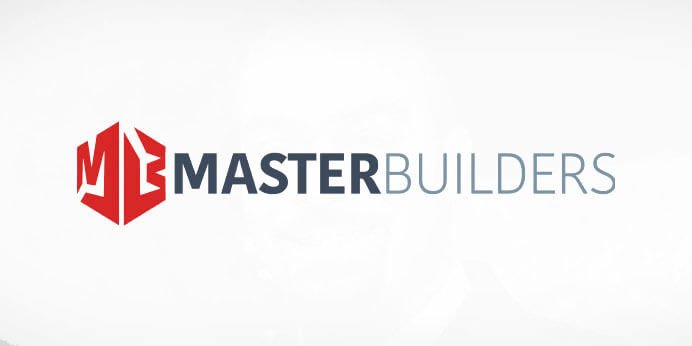 Logo of "masterbuilders," a general contractor, featuring a stylized red m within a hexagon to the left of the company name.