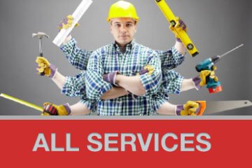 A person wearing a hard hat and safety gloves holding various tools, with the words "deck builder services" displayed below.